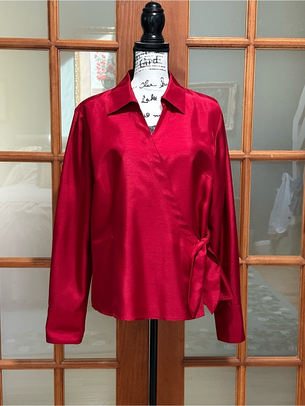 JM Collection Red Satin Wrap-Detail Button Down Blouse
